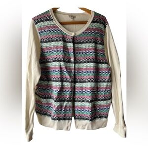 Talbots Cream Cardigan with Multicolor Fair Isle Front size XL